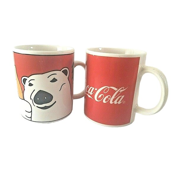 Coca - Cola Coffee Mugs by Gibson Set of 2 Polar Bear & Coke Logo Vintage - Picture 1 of 8